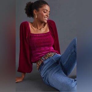 🌺Anthropologie Fuchsia Velvet Smocked Blouse